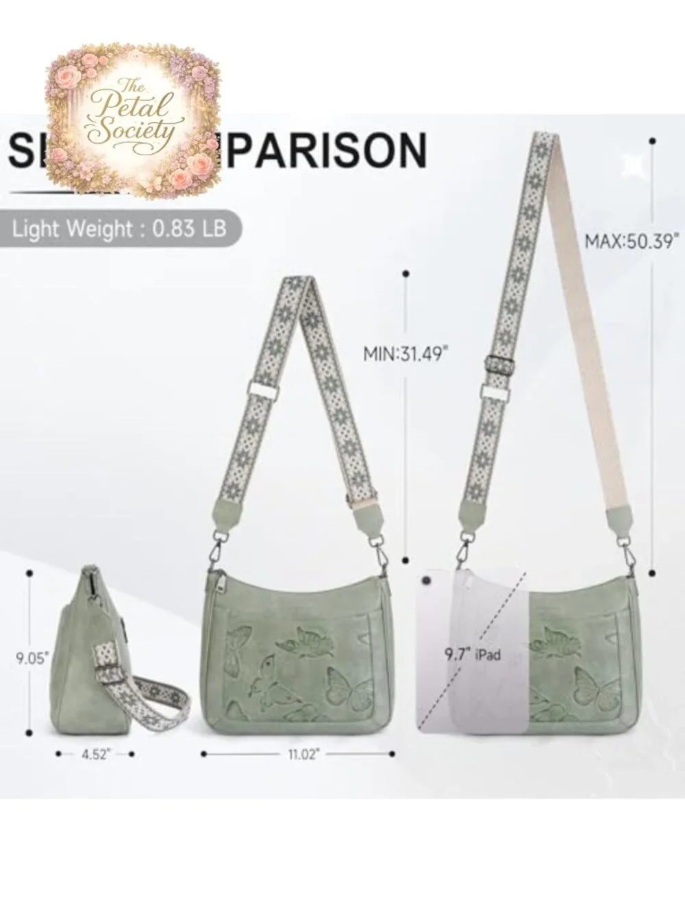 Vegan Leather Crossbody Hobo Purse with Butterfly Print, Adjustable Strap
